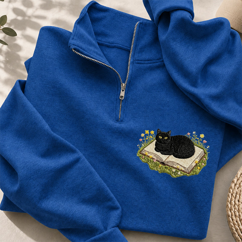 Embroidered Black Cat Book Classic Quarter Zip Sweatshirt