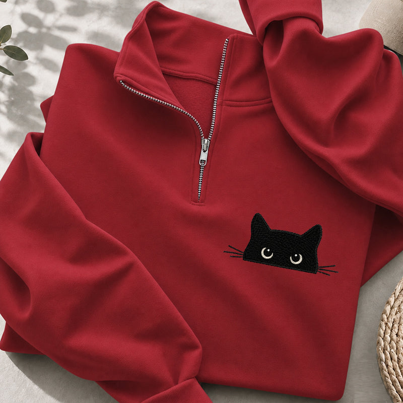 Embroidered Peeking Black Cat Classic Quarter Zip Sweatshirt