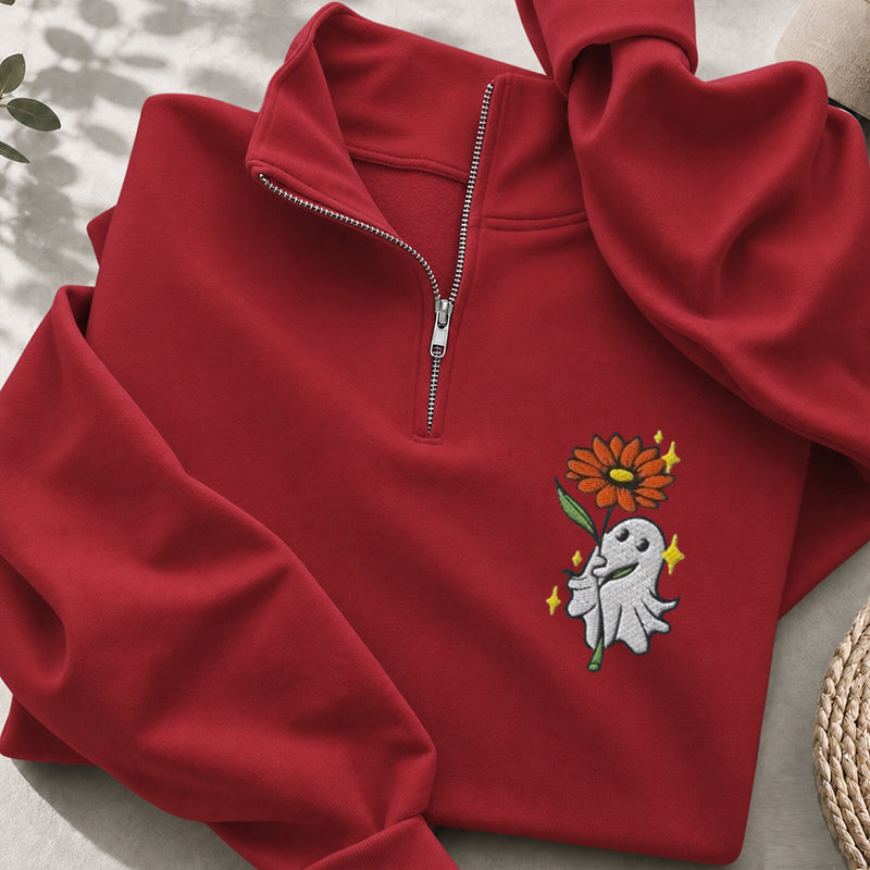 Embroidered Ghost Holding A Flower Classic Quarter Zip Sweatshirt