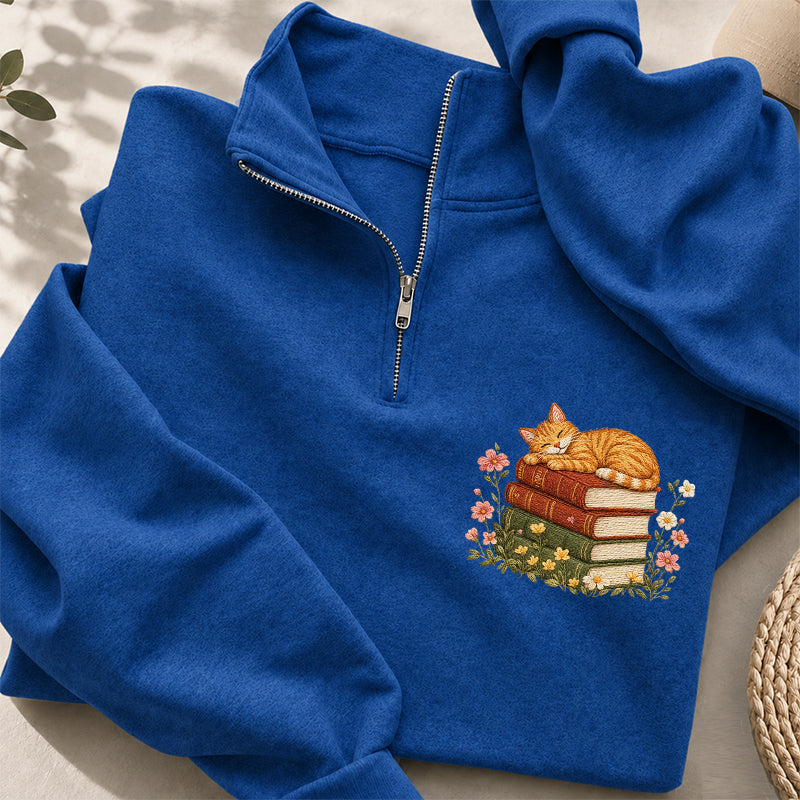 Embroidered Sleeping Cat On Books Classic Quarter Zip Sweatshirt
