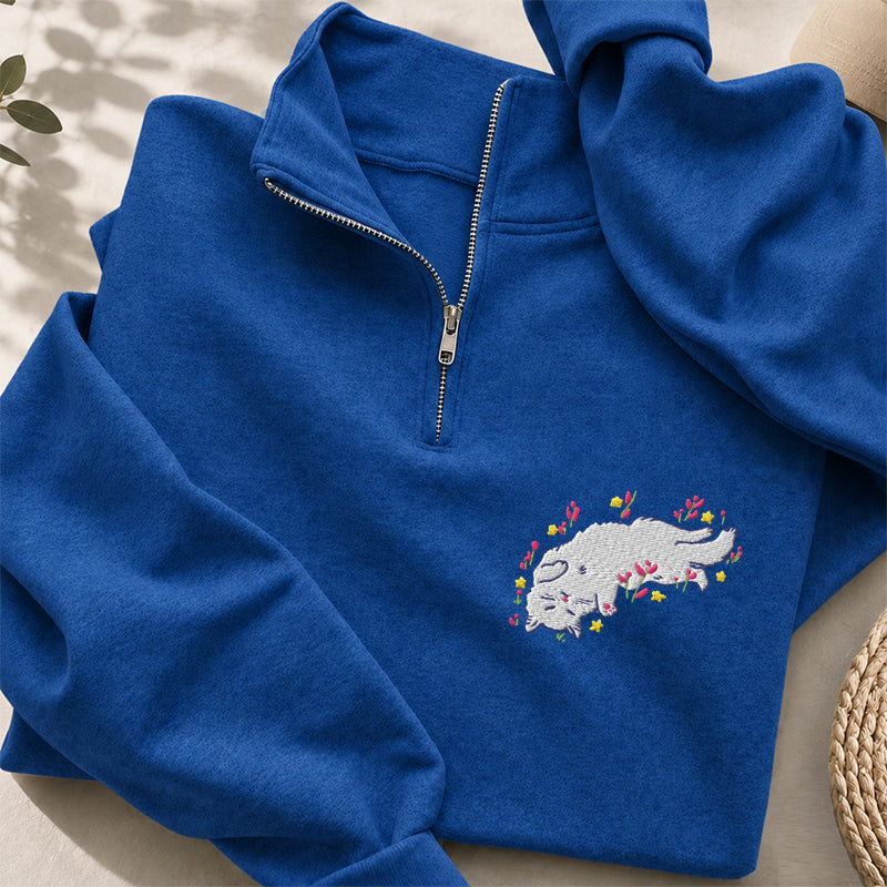 Embroidered Floral Playing Cat Classic Quarter Zip Sweatshirt