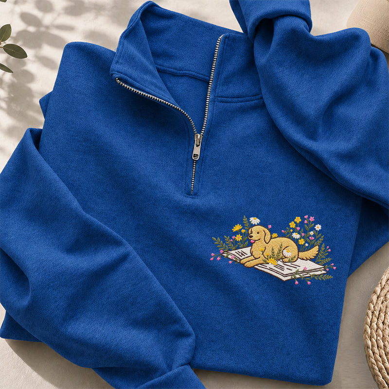 Embroidered Dog Lying On Book Classic Quarter Zip Sweatshirt