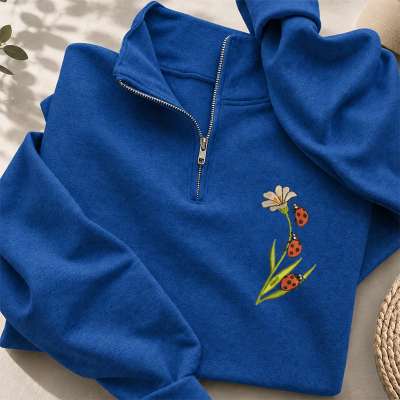 Embroidered Ladybug & Daisy Classic Quarter Zip Sweatshirt