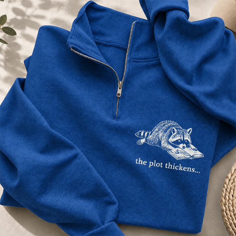 Embroidered The Plot Thickens Reading Raccoon Classic Quarter Zip Sweatshirt