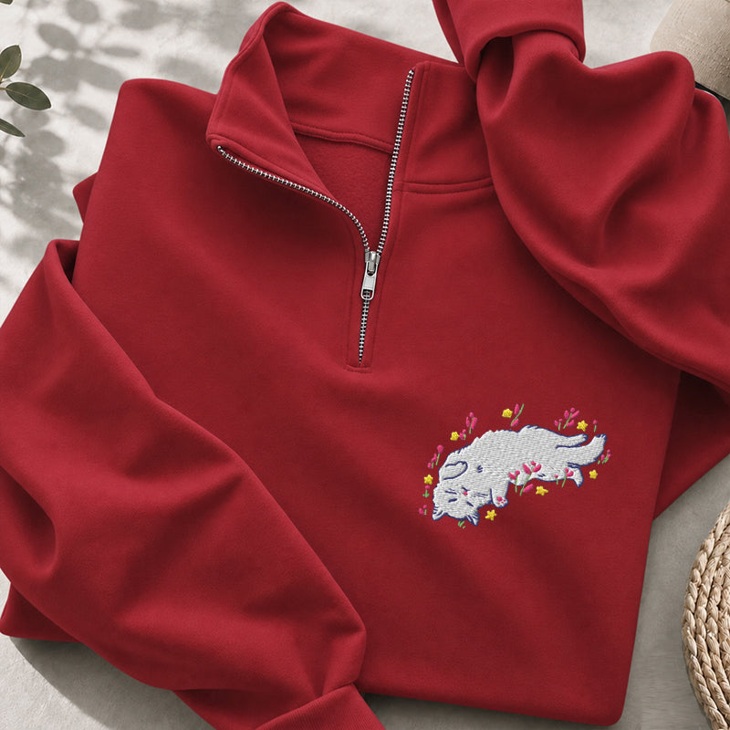 Embroidered Floral Playing Cat Classic Quarter Zip Sweatshirt