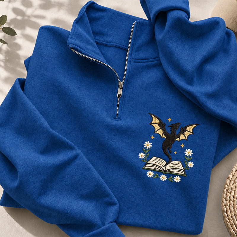 Embroidered Dragon Floral Book Classic Quarter Zip Sweatshirt
