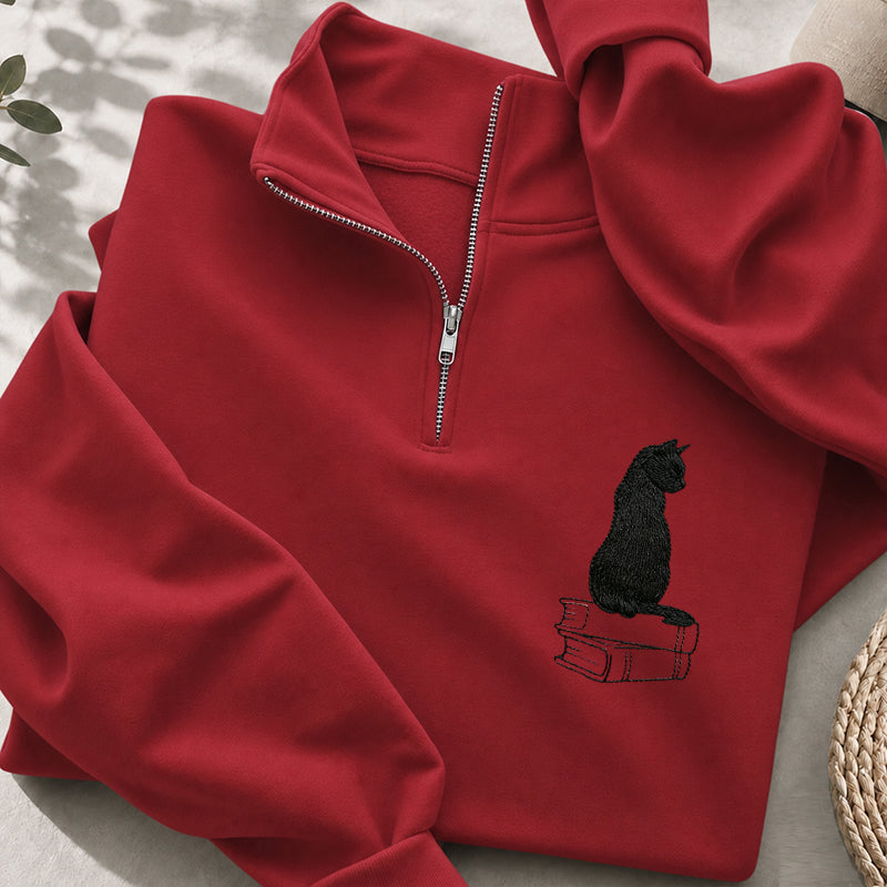 Embroidered Black Cat On Books Classic Quarter Zip Sweatshirt