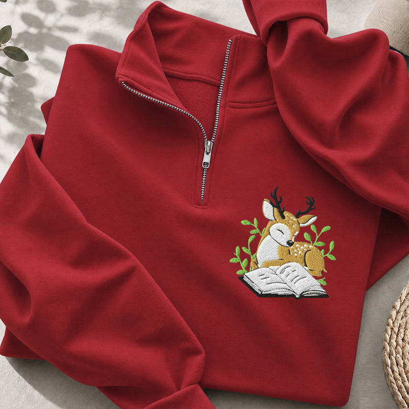 Embroidered Deer Book Classic Quarter Zip Sweatshirt