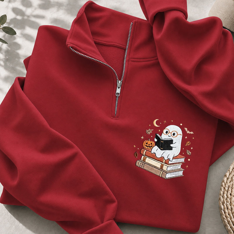 Embroidered Bookish Ghost Classic Quarter Zip Sweatshirt