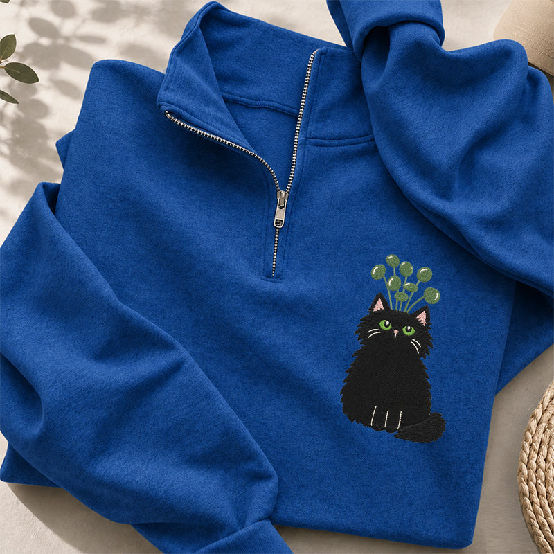 Embroidered Plant Black Cat Classic Quarter Zip Sweatshirt