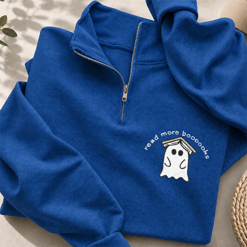 Embroidered Read More Boooooks Classic Quarter Zip Sweatshirt