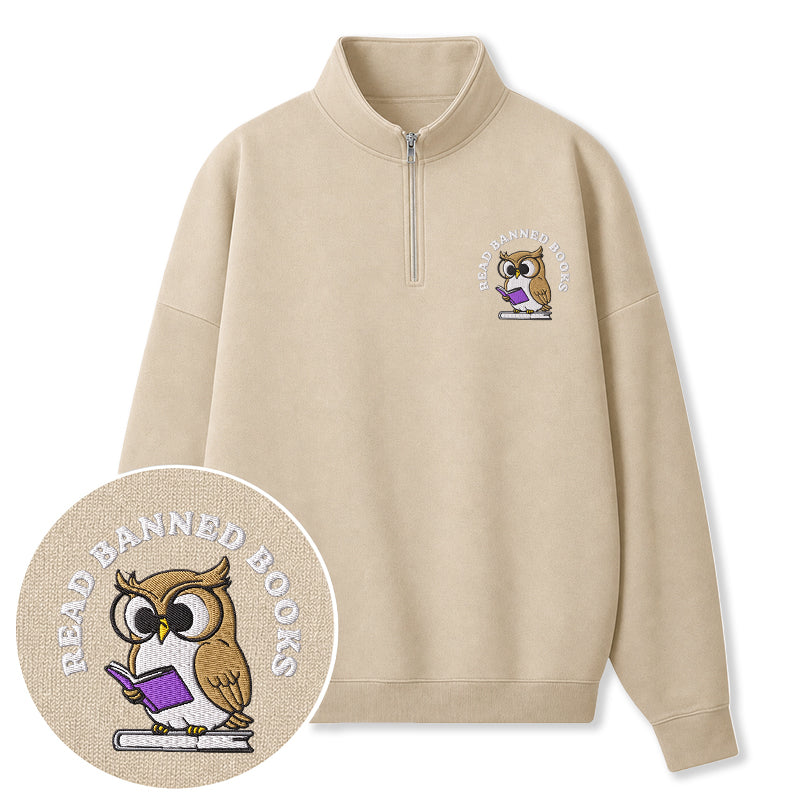 Embroidered Read Banned Books Owl Classic Quarter Zip Sweatshirt