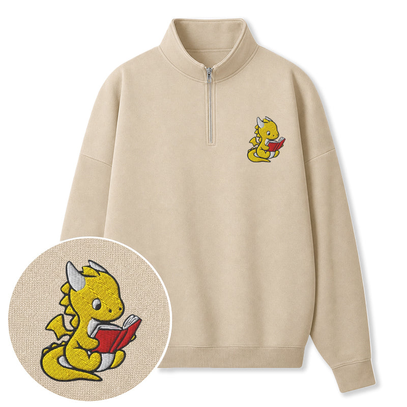 Embroidered Dragon Reading Books Classic Quarter Zip Sweatshirt