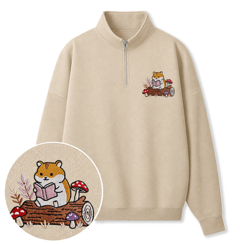 Embroidered Hamster Reading Books Classic Quarter Zip Sweatshirt