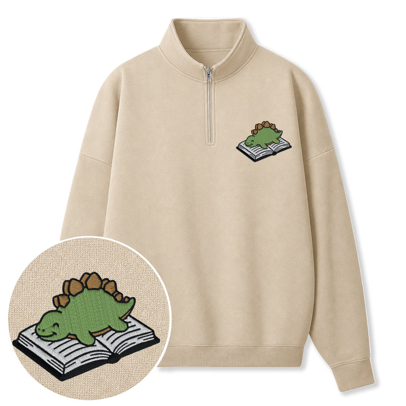 Embroidered Dinosaur Reading Books Classic Quarter Zip Sweatshirt