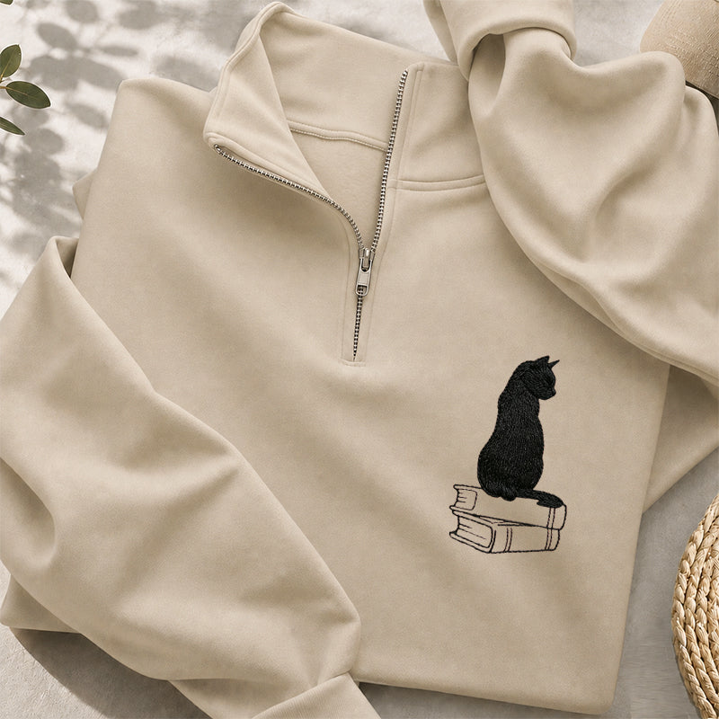 Embroidered Black Cat On Books Classic Quarter Zip Sweatshirt