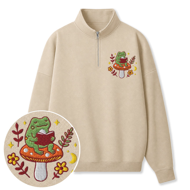 Embroidered Bookish Frog Classic Quarter Zip Sweatshirt