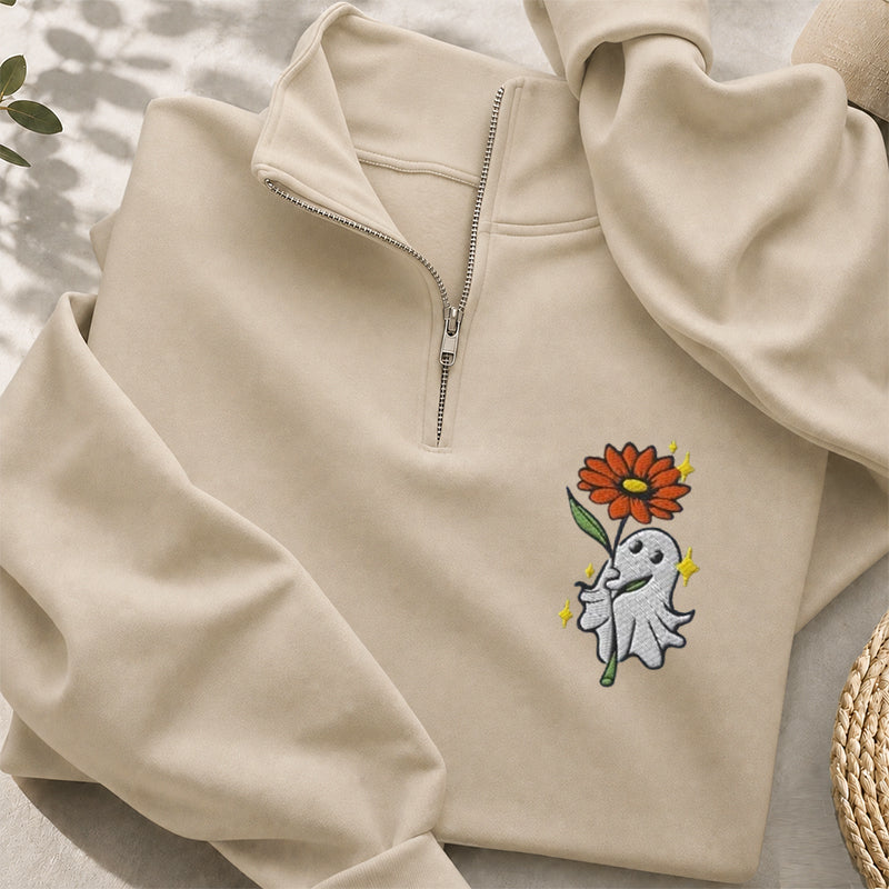 Embroidered Ghost Holding A Flower Classic Quarter Zip Sweatshirt