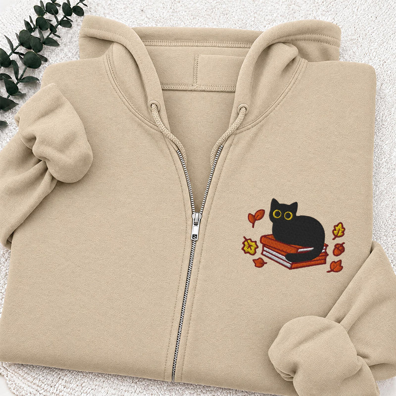 Embroidered Autumn Black Cat Book Classic Adult Unisex Full Zip Hoodie