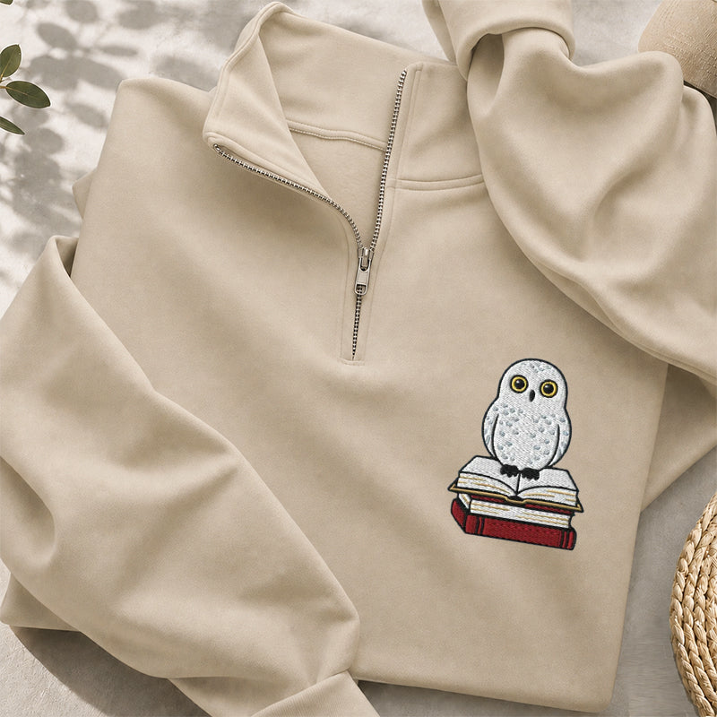 Embroidered Snow Owl On Bookstack Classic Quarter Zip Sweatshirt