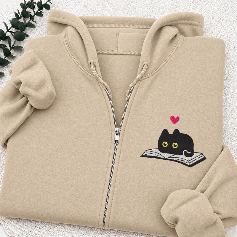 Embroidered Black Cat and Book Classic Adult Unisex Full Zip Hoodie