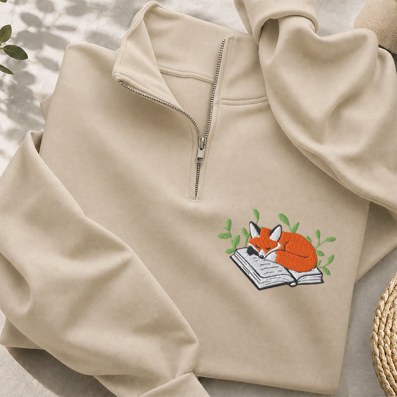 Embroidered Fox Book Nap Classic Quarter Zip Sweatshirt