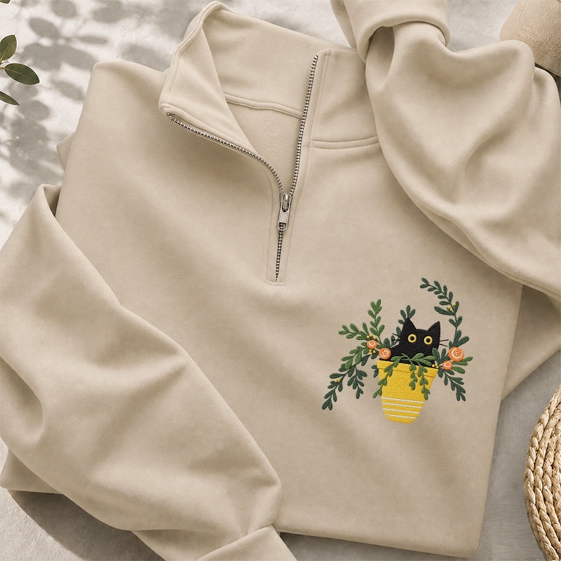 Embroidered Black Cat Flowerpot Classic Quarter Zip Sweatshirt