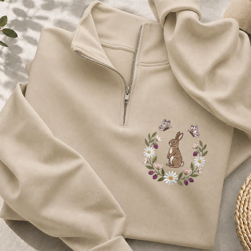 Embroidered Rabbit and Butterfly Classic Quarter Zip Sweatshirt