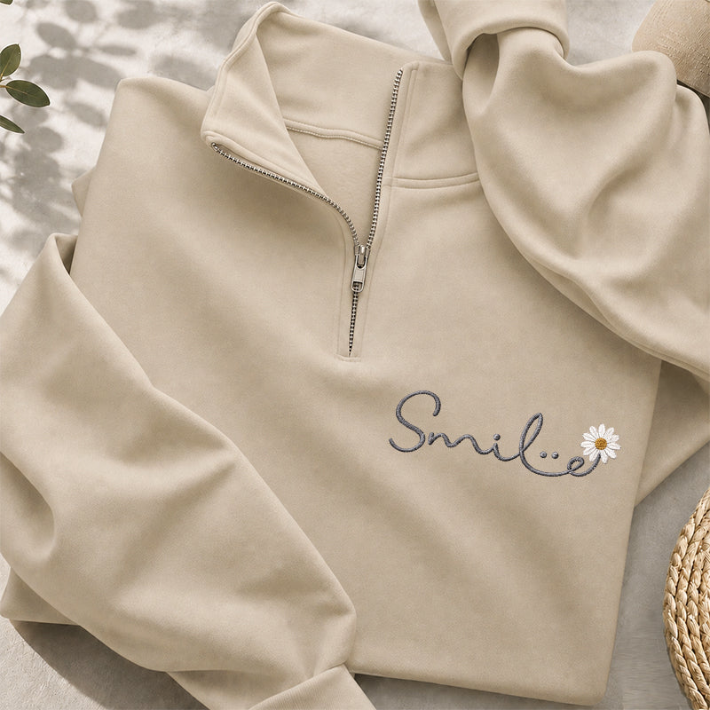 Embroidered Smile Daisy Classic Quarter Zip Sweatshirt