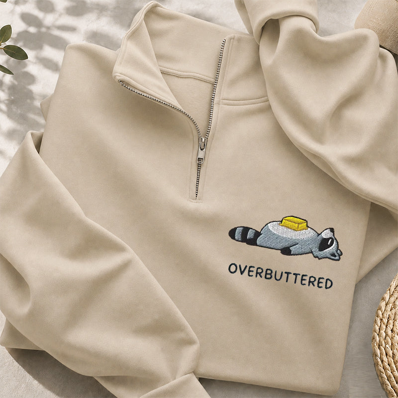 Embroidered Overbuttered Raccoon Classic Quarter Zip Sweatshirt