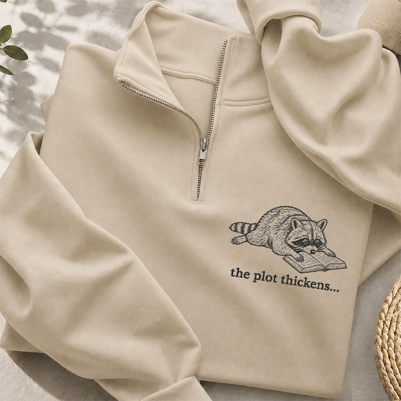 Embroidered The Plot Thickens Reading Raccoon Classic Quarter Zip Sweatshirt