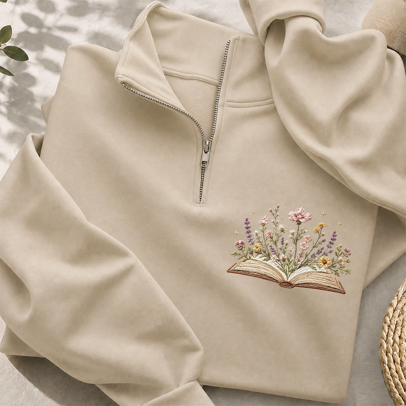 Embroidered Floral Book Classic Quarter Zip Sweatshirt