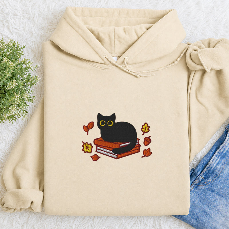 Embroidered Autumn Black Cat Book Classic Adult Unisex Hoodie