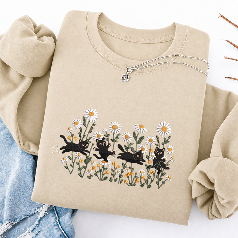 Embroidered Garden Playing Cats Daisy Classic Crewneck Sweatshirt