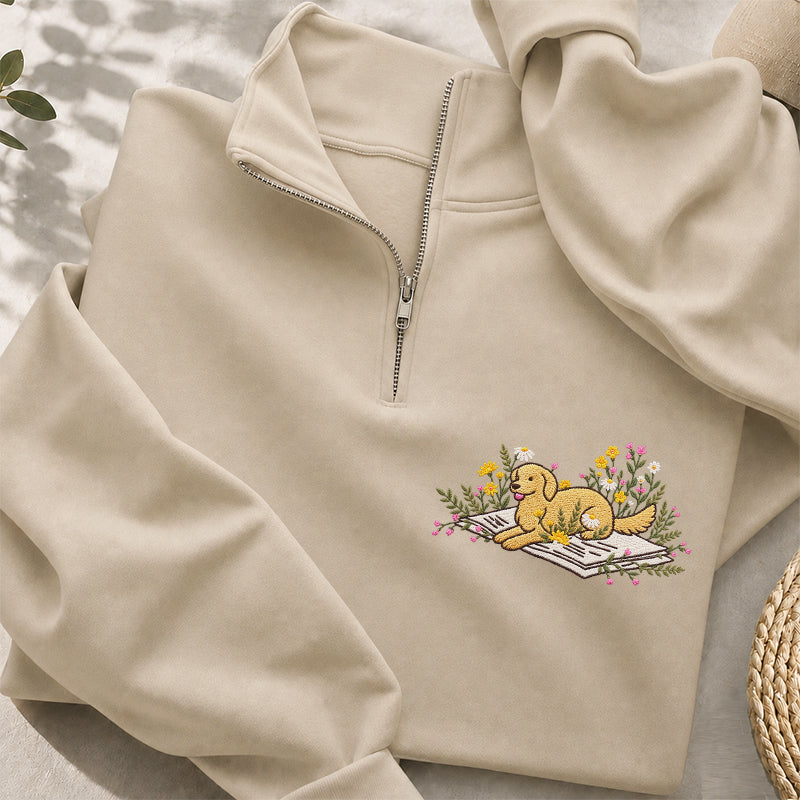 Embroidered Dog Lying On Book Classic Quarter Zip Sweatshirt