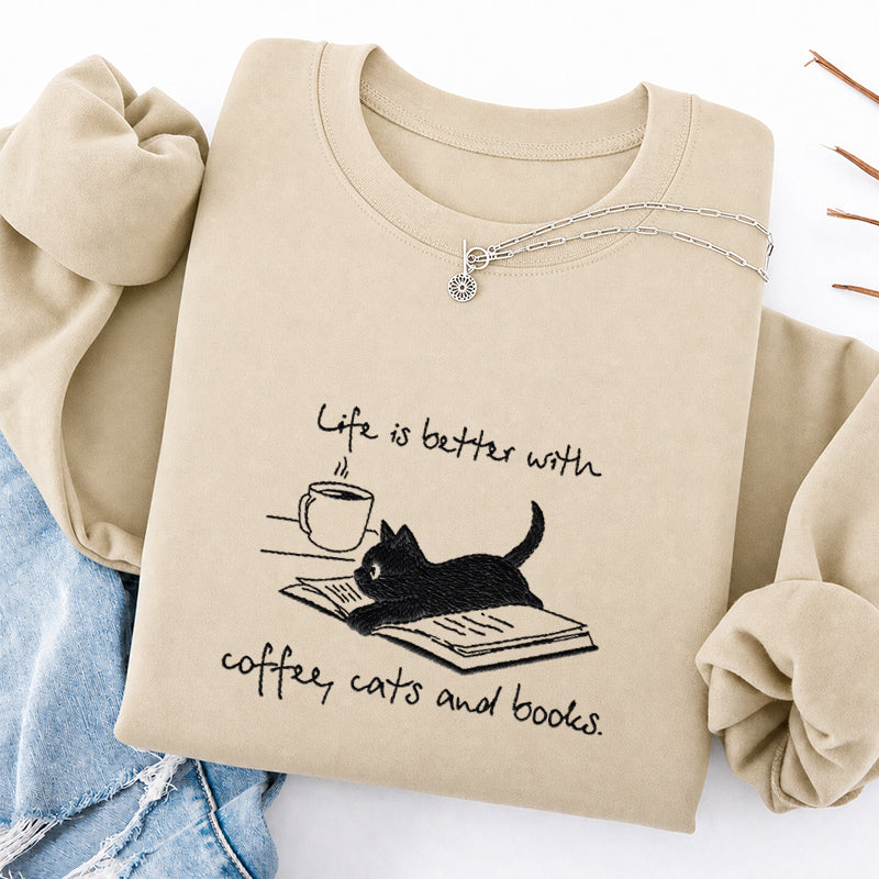 Embroidered Life Is Better With Coffee Book Cat Classic Crewneck Sweatshirt