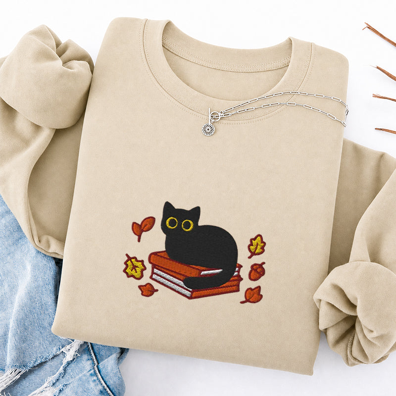 Embroidered Autumn Black Cat Book Classic Crewneck Sweatshirt