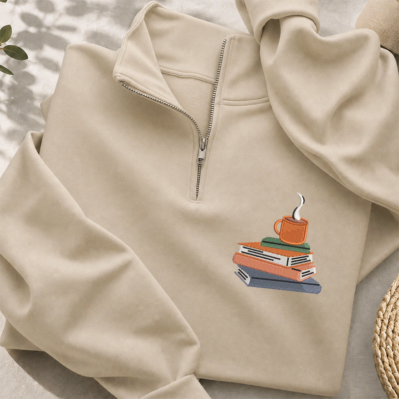 Embroidered Book and Coffee Classic Quarter Zip Sweatshirt
