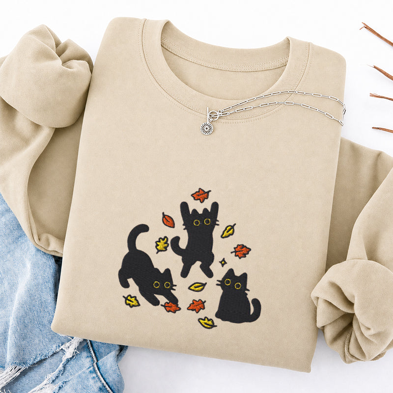 Embroidered Black Cats Fall Leaves Classic Crewneck Sweatshirt