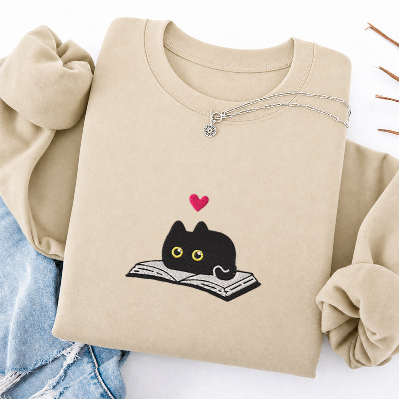 Embroidered Black Cat And Book Classic Crewneck Sweatshirt