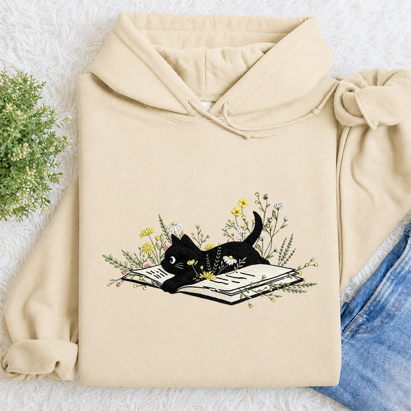 Embroidered Floral Book Cat Classic Adult Unisex Hoodie