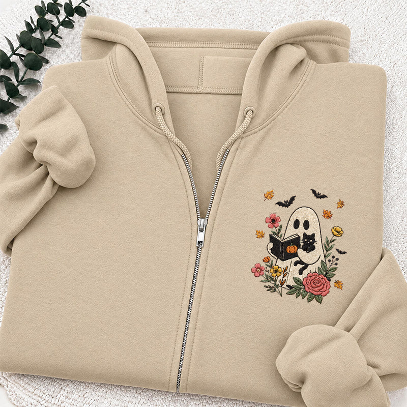 Embroidered Floral Ghost Reading Classic Full Zip Hoodie
