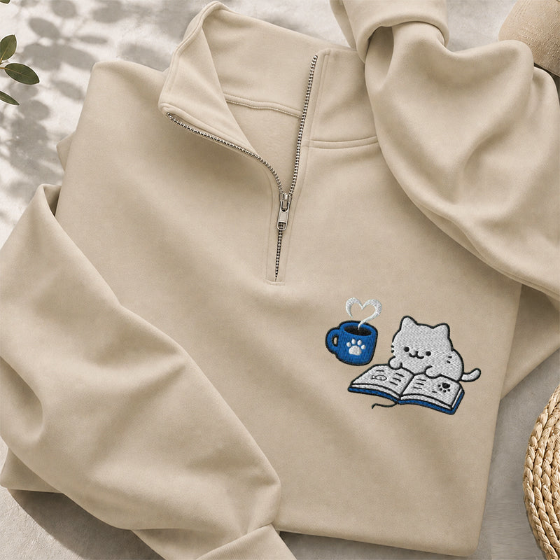Embroidered Reading Kitten Classic Quarter Zip Sweatshirt