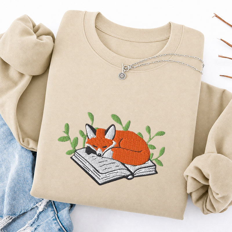 Embroidered Sleeping Fox On The Book Classic Crewneck Sweatshirt
