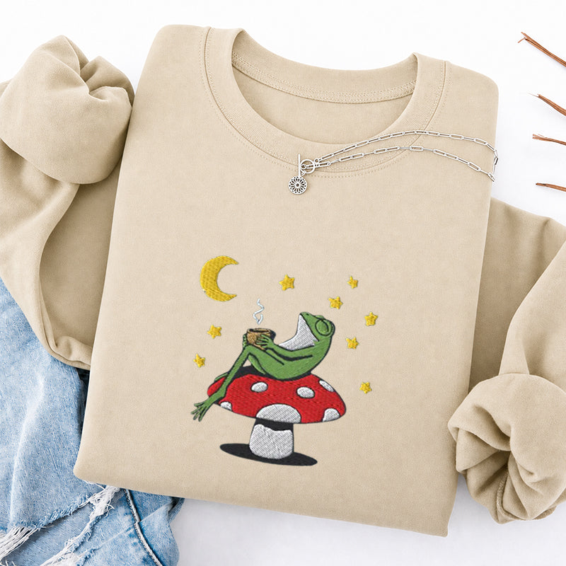 Embroidered Frog Night With Coffee Classic Crewneck Sweatshirt