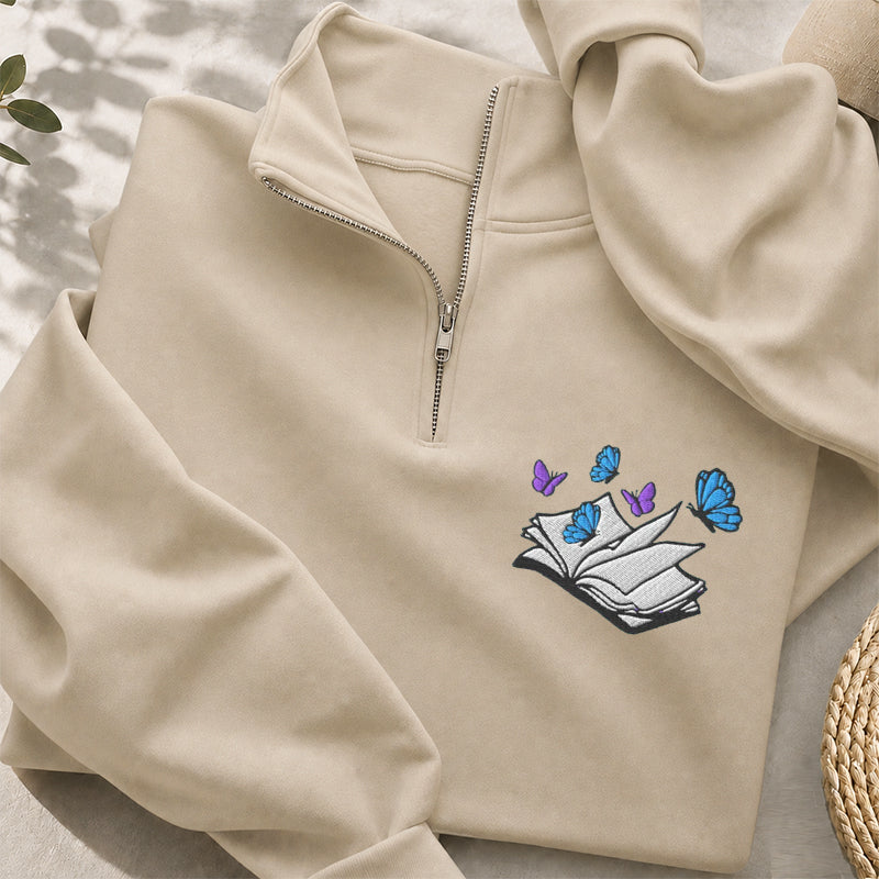 Embroidered Open Book With Butterflies Classic Quarter Zip Sweatshirt