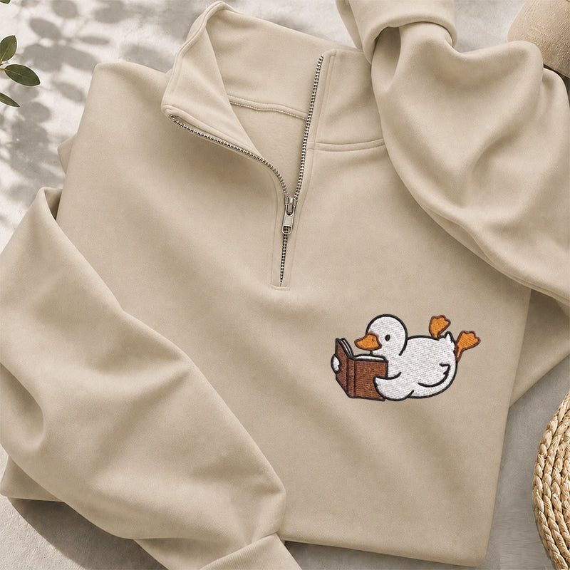 Embroidered Reading Duck Classic Quarter Zip Sweatshirt