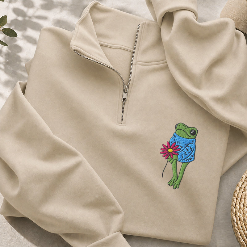 Embroidered Flower Frog Classic Quarter Zip Sweatshirt