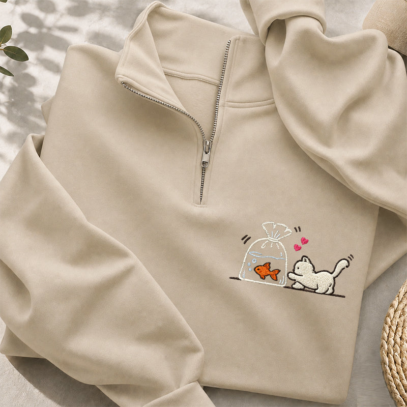 Embroidered Kitten Goldfish Classic Quarter Zip Sweatshirt