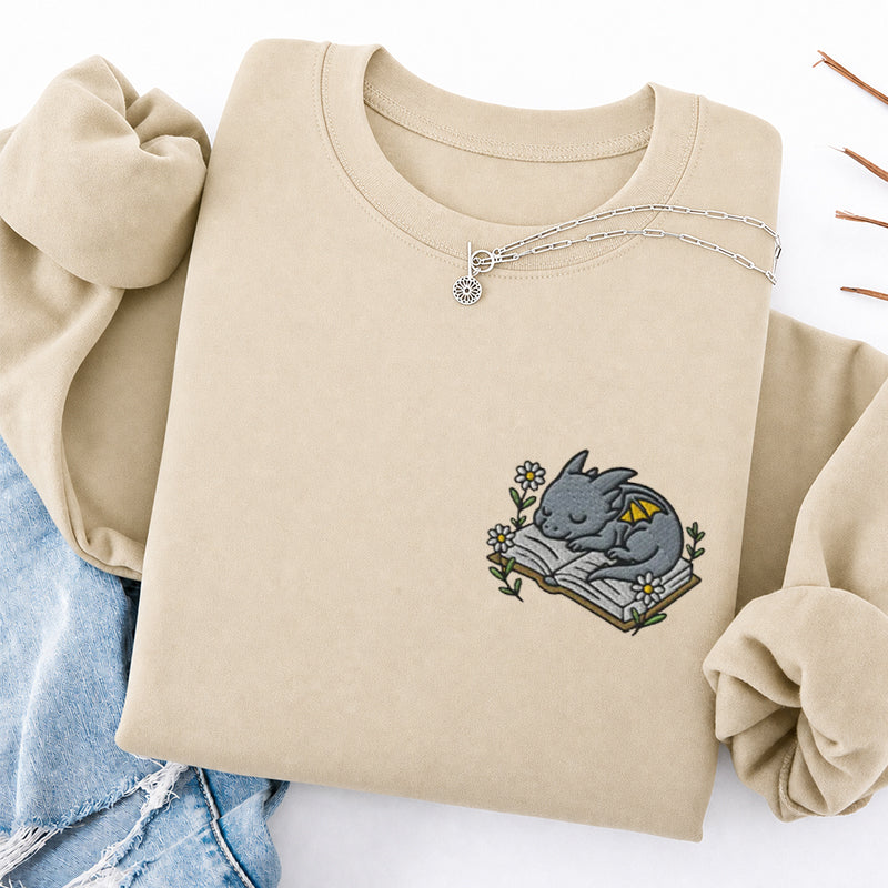 Embroidered Sleeping Dragon Book Classic Crewneck Sweatshirt